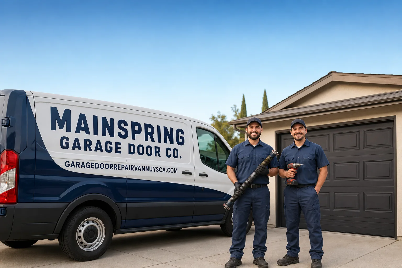 Mainspring Garage Door Co. garage door service vehicle and crew in Van Nuys, CA